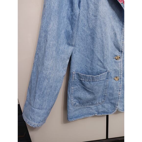 Vintage 80s 90s American Dungaree chambray denim jacket floral tapestry womens L - Picture 9 of 10